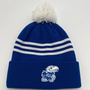 Adidas Kansas Jayhawks NCAA Pom Beanie Blue White Knit Hat Cap Winter‎ OSFM